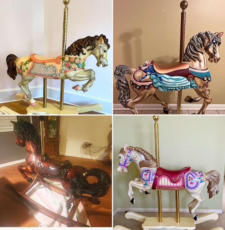 S&S Woodcarvers rocking horses � Carmel Floral, Looff reproduction, Curly Tail, and Diana's Large designs